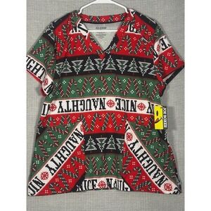 Joe Boxer Women Christmas Scrub Top Naughty Nice Candy Cane V-Neck SZ XL NWT